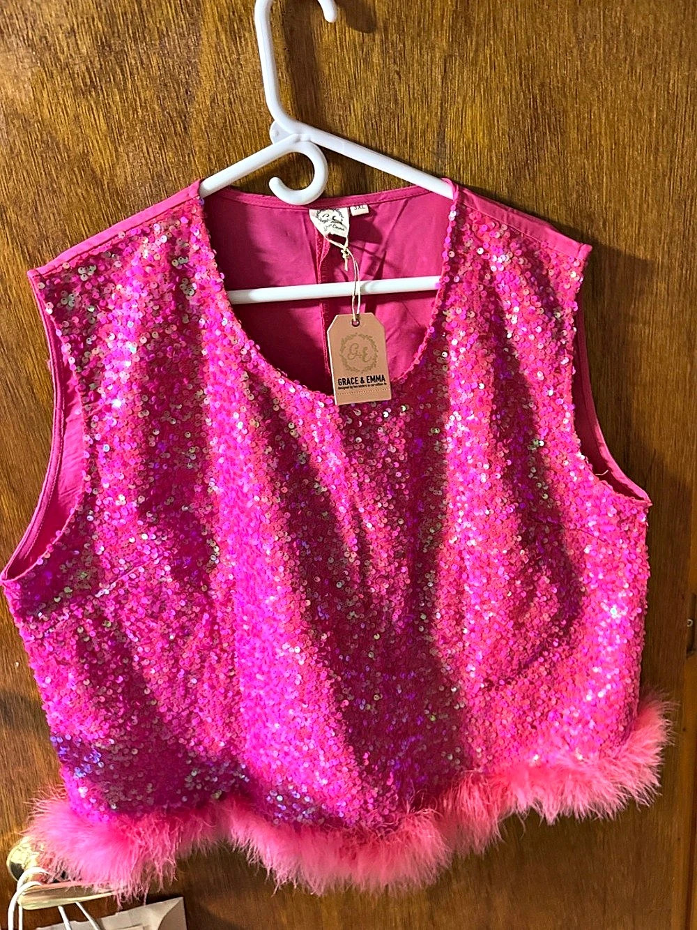 Pink Sequin Feather Trim Tank Top